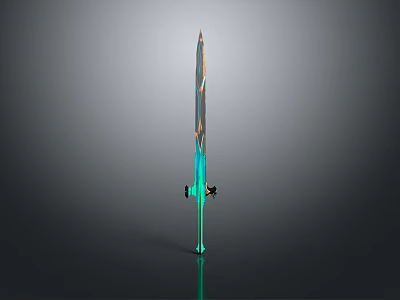 3D Rendered Fantasy Sword With Teal Blue Blade And Black Gold Hilt On Gray Background 3d model