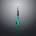 3D Rendered Fantasy Sword With Teal Blue Blade And Black Gold Hilt On Gray Background