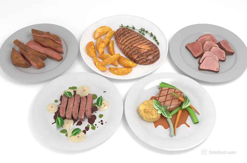 Assorted Delicious Food Plates With Roasted Meat Fries Sausages And Fresh Vegetables 3d model 