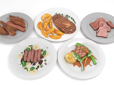 Assorted Delicious Food Plates With Roasted Meat Fries Sausages And Fresh Vegetables 3d model