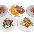 Assorted Delicious Food Plates With Roasted Meat Fries Sausages And Fresh Vegetables