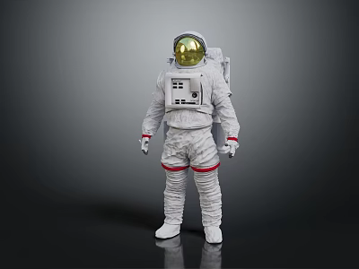 Astronaut Standing In White Spacesuit With Red Stripes Gold Helmet And Backpack On Gray Background 3d model