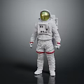 Astronaut Standing In White Spacesuit With Red Stripes Gold Helmet And Backpack On Gray Background