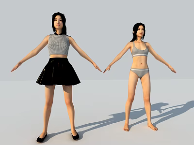Two Women Holding Hands Posing in Gray Sleeveless Top Black Skirt and Bikini 3d model