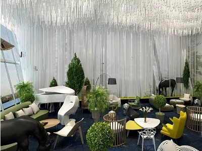 Modern Interior Design With White Hanging Decor Green Plants And Colorful Furniture 3d model