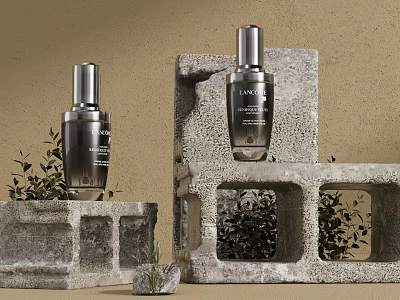 Lancôme Perfume Bottles On Stone Display Stand With Green Plants And Transparent Design 3d model