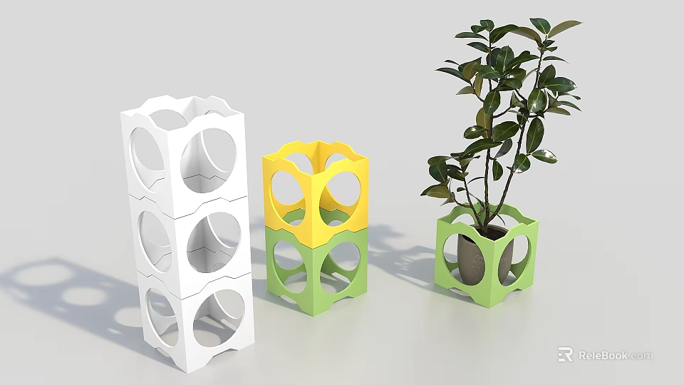 Decorative Plant Stands With Circular Cutouts In White Yellow Green For Indoor Plants 3d model 
