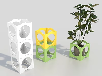 Decorative Plant Stands With Circular Cutouts In White Yellow Green For Indoor Plants 3d model