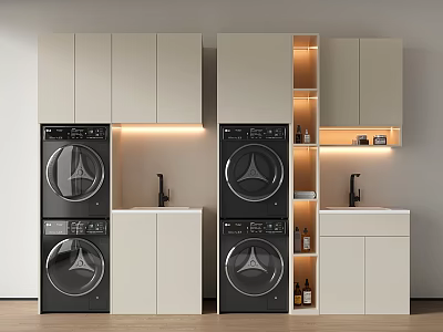 Modern Balcony Cabinets With Washing Machines Dryers Lighting Open Shelves Countertops And Faucets 3d model
