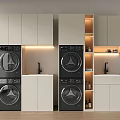 Modern Balcony Cabinets With Washing Machines Dryers Lighting Open Shelves Countertops And Faucets