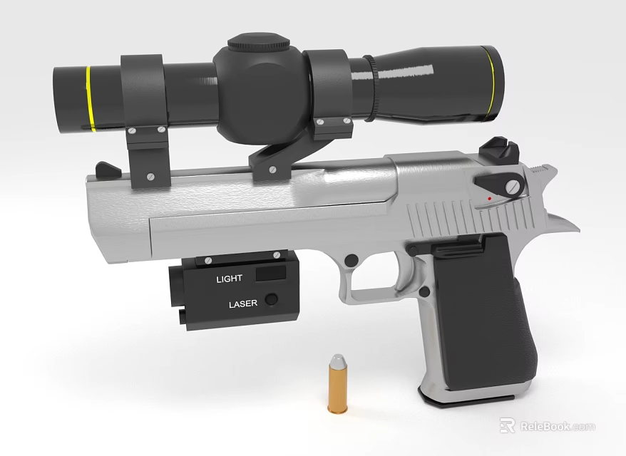 Tactical Pistol With Scope Laser Device Silver Black Design And Bullet Accessory 3d model 
