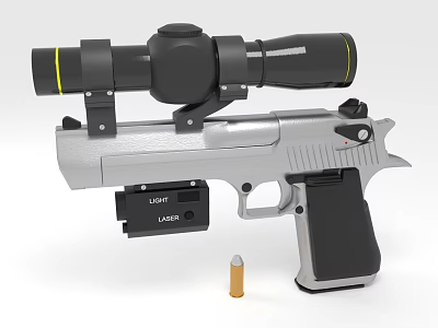 Tactical Pistol With Scope Laser Device Silver Black Design And Bullet Accessory 3d model