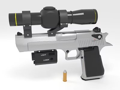 Tactical Pistol With Scope Laser Device Silver Black Design And Bullet Accessory 3d model