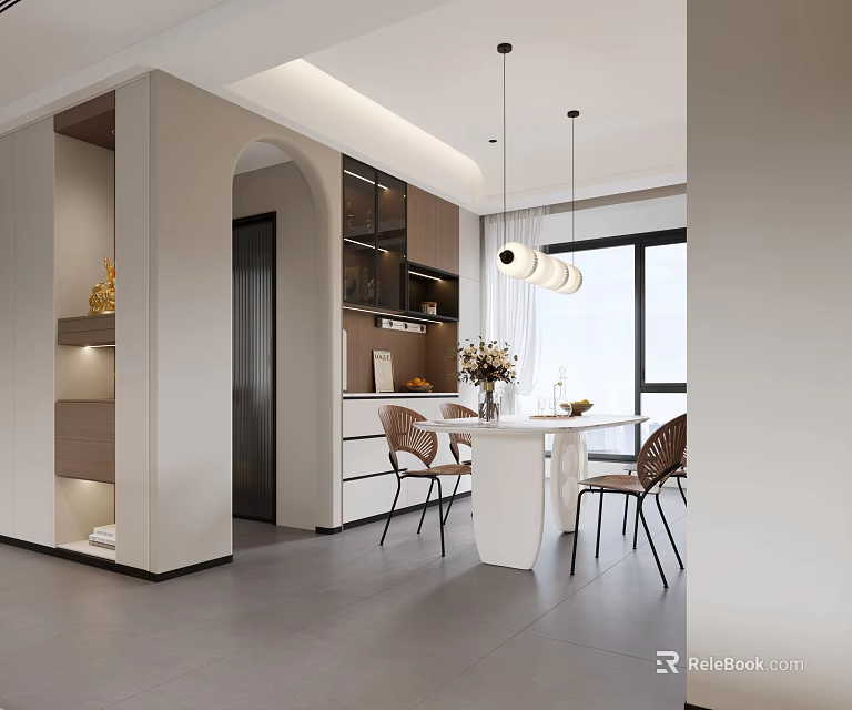 Modern Open Dining Living Room Interior With Dining Table Chairs Pendant Lights And Cabinets 3d model