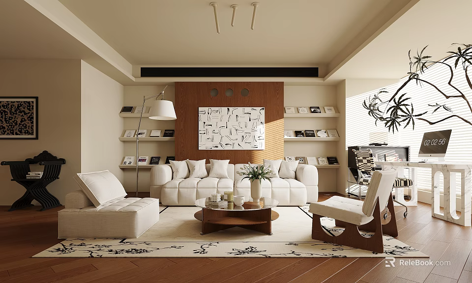 Modern Living Room Interior With White Sofa Armchair Coffee Table Bookshelves And Decorative Painting 3d model 