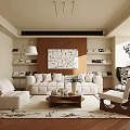 Modern Living Room Interior With White Sofa Armchair Coffee Table Bookshelves And Decorative Painting