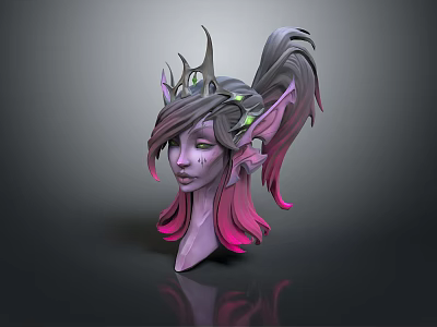 3D Elf Game Movie Character With Horned Headdress Gray Purple Pink Hair Green Glowing Eyes 3d model