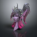 3D Elf Game Movie Character With Horned Headdress Gray Purple Pink Hair Green Glowing Eyes