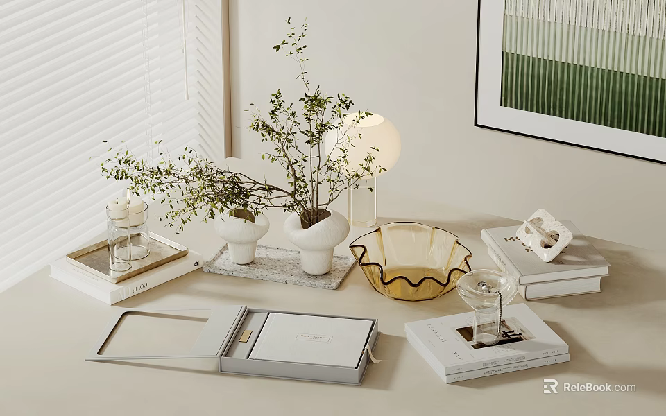 Minimalist Decorative Ornament Set With Green Plants Vases And Books On Tabletop 3d model 