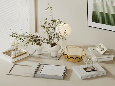 Minimalist Decorative Ornament Set With Green Plants Vases And Books On Tabletop 3d model