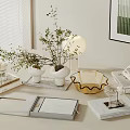 Minimalist Decorative Ornament Set With Green Plants Vases And Books On Tabletop