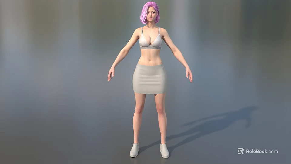 Pink Haired Female Game Movie Character In Gray Tank Top Skirt And White Shoes 3d model 