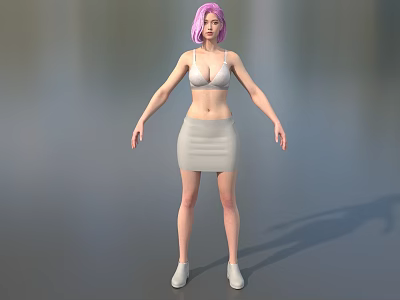 Pink Haired Female Game Movie Character In Gray Tank Top Skirt And White Shoes 3d model