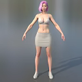 Pink Haired Female Game Movie Character In Gray Tank Top Skirt And White Shoes