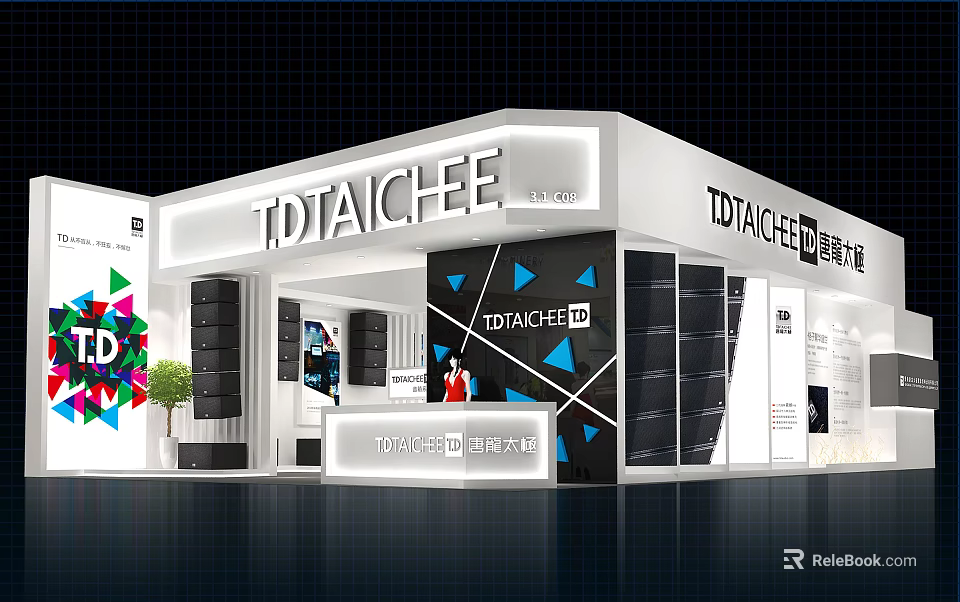 Modern TDTAICEE Exhibition Booth Design With White Exterior And Blue Triangular Patterns 3d model 