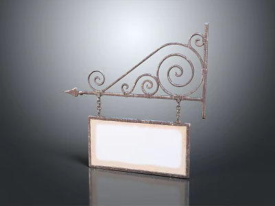 Ornate Metal Bracket Billboard With Scroll Design Arrow Accent And Rectangular White Panel Wooden Frame 3d model