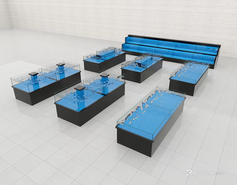 Mall Store Display Counters With Black Base Blue Surface And Glass Design 3d model