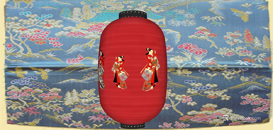 Red Decorative Lantern With Traditional Female Figures On Blue Floral Background 3d model 