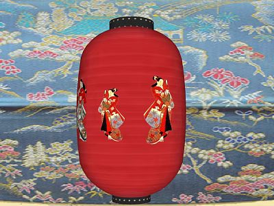 Red Decorative Lantern With Traditional Female Figures On Blue Floral Background 3d model