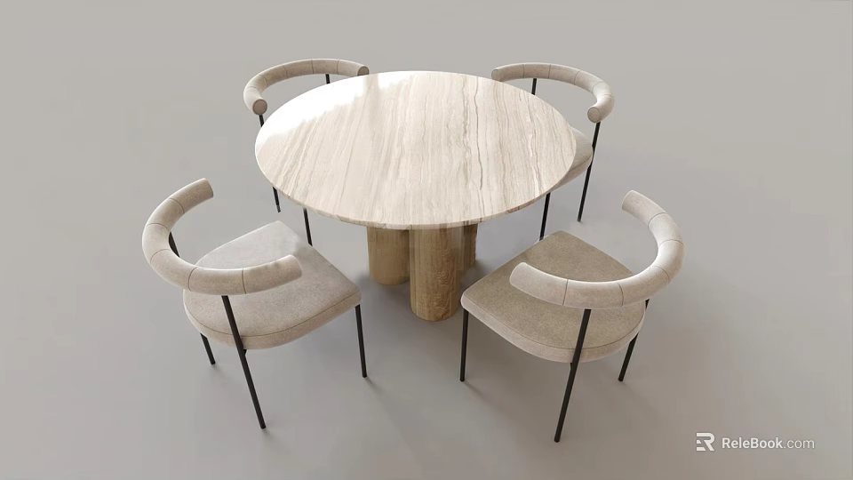 Modern Round Table And Chair Set With Curved Armchairs Beige Fabric And Black Metal Legs 3d model 