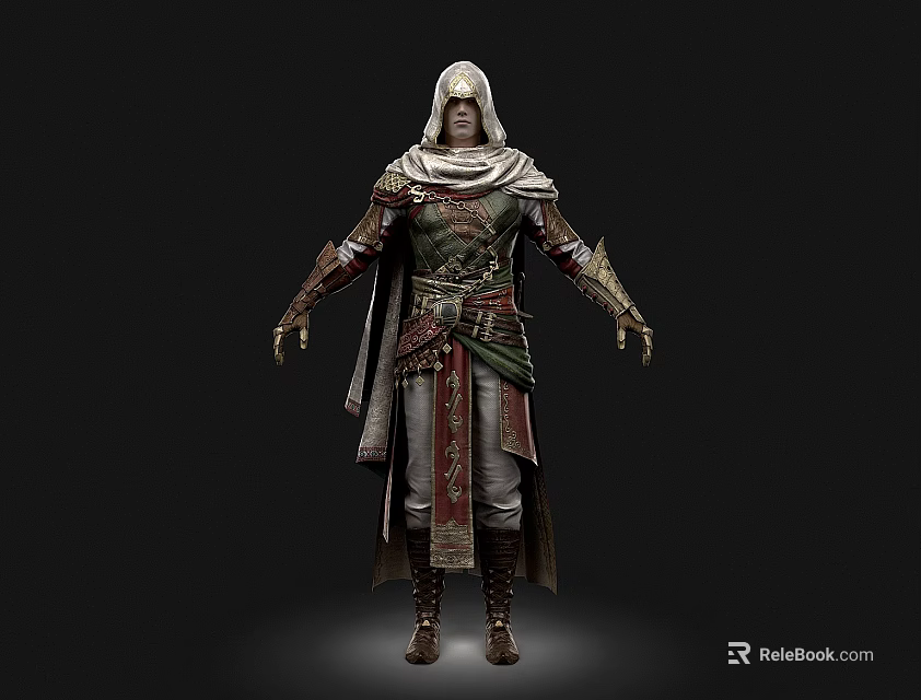 Hooded Man In Traditional Robe With Ornate Belt And Leather Boots 3d model 