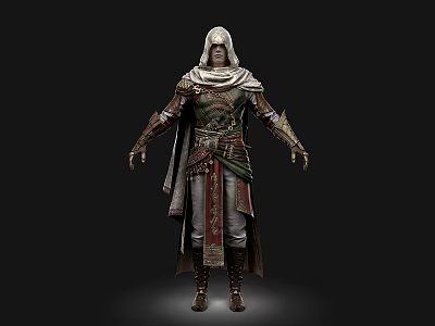 Hooded Man In Traditional Robe With Ornate Belt And Leather Boots 3d model