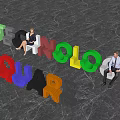 Vibrant Technology Square 3D Letters With People Sitting On Colorful Structure