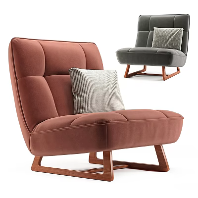 Comfortable Single Sofa with Red and Grey Upholstery Pillow and Wooden Legs 3d model
