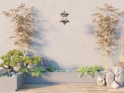 Garden Ornament Setup With Bamboo Plants Wall Lantern Small Plants And Rocks On Wooden Floor 3d model