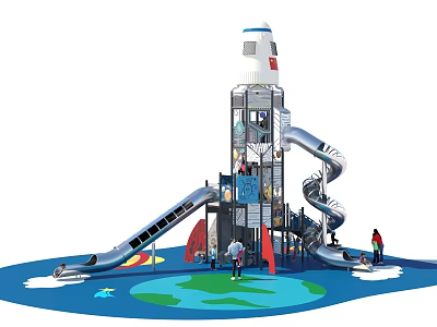 Rocket Shaped Garden Play Structure With Slides Earth Pattern And Children Playing 3d model