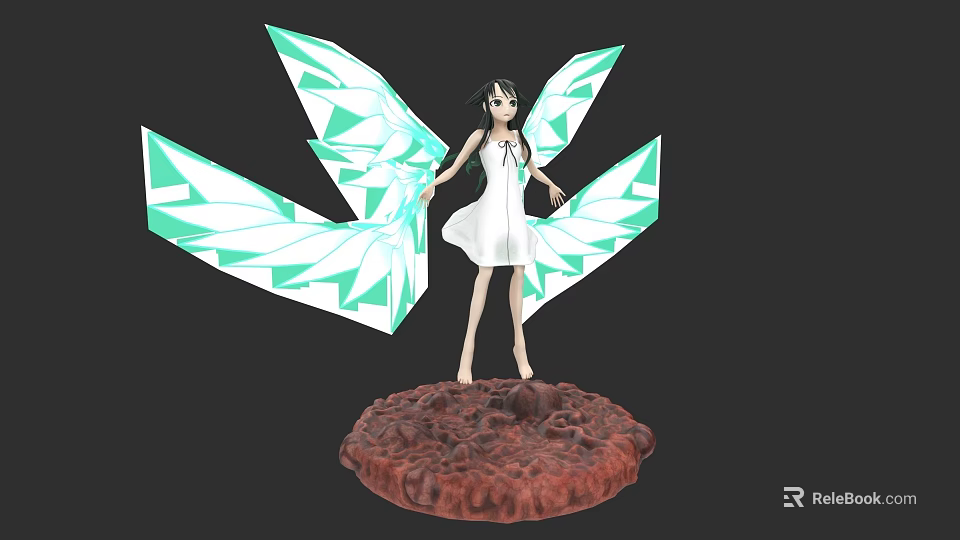 Game Movie Female Character in White Dress with Green White Geometric Wings on Red Base 3d model 