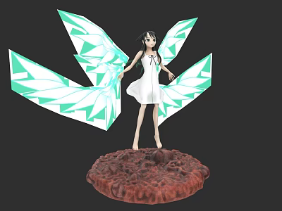 Game Movie Female Character in White Dress with Green White Geometric Wings on Red Base 3d model