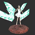 Game Movie Female Character in White Dress with Green White Geometric Wings on Red Base