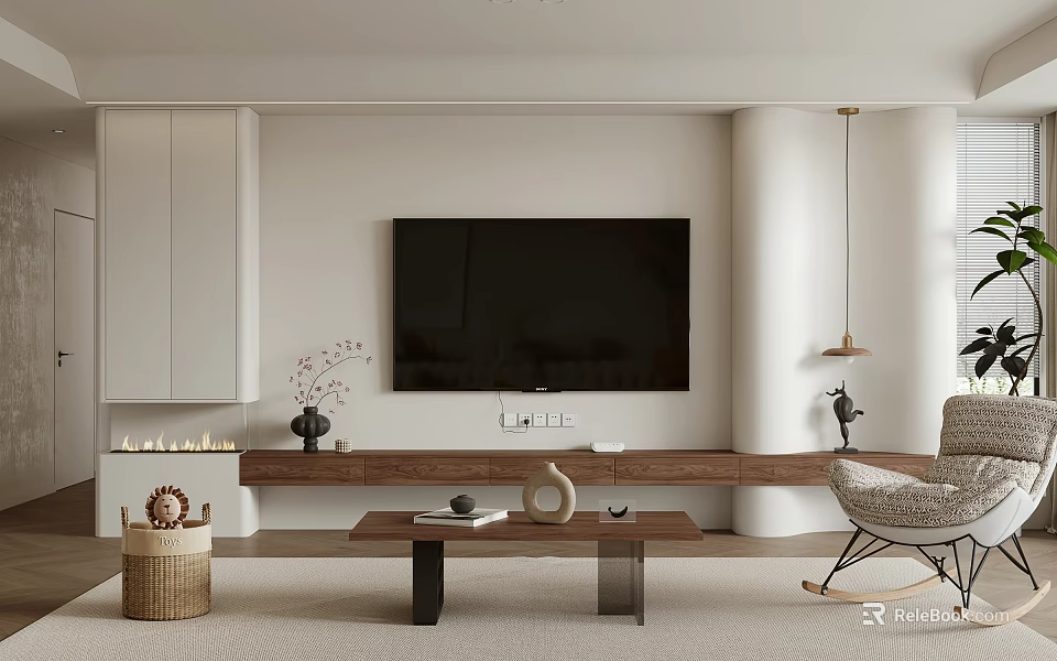 Modern Minimalist TV Wall Design With White Cabinets Wooden Stand Flat Screen TV And Decorative Items 3d model 
