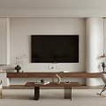 Modern Minimalist TV Wall Design With White Cabinets Wooden Stand Flat Screen TV And Decorative Items