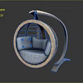 Wooden Round Hanging Chair With Gray Cushions And Modern Curved Frame Design