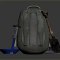 Practical Outdoor Living Supplies Including Green Backpack Blue Stool And Shovel