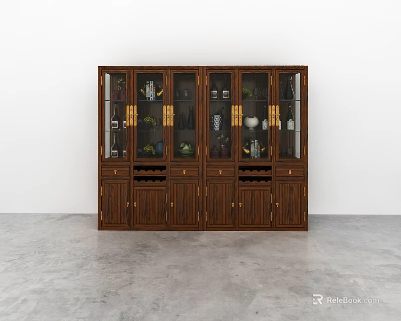 Classic Wooden Display Cabinets With Glass Doors Showcasing Decorative Vases And Jars 3d model 