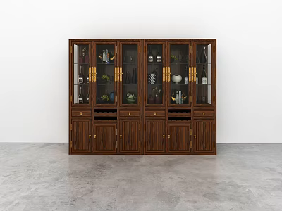 Classic Wooden Display Cabinets With Glass Doors Showcasing Decorative Vases And Jars 3d model