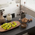 Ceramic Vessels Display on Black Table with Wooden Tray Green Apples and Dried Flowers